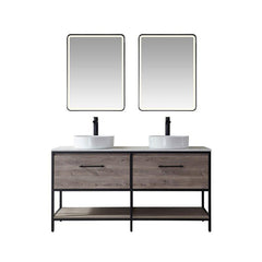 Badrieh 60" Vanity In Moxican Oak With White Composite Grain Stone Countertop And Vessel Sink With Mirror