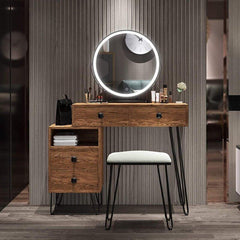 Table Set Makeup Vanity Dressing Table With 3 Colors Lighted Mirror, 1 Storage Cabinet & 2 Drawers, Dressing Makeup Table With Cushioned Stool, For Girl, Women, Dresser Desk For Bedroom